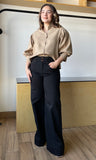Taupe Ruffle Neck Puff Sleeve Blouse