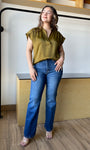 Olive Round Neck V-neck Drop Satin Blouse