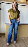 Olive Round Neck V-neck Drop Satin Blouse