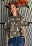 Western Print Olive Top