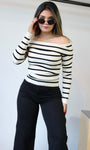 Off Shoulder White Stripe Light Sweater