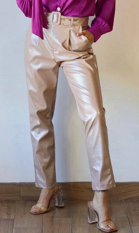 Faux Leather High Waisted with Belt Pants