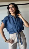 Denim Short-sleeve Tie-front Shirt
