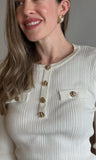 Ribbed Knit Top W/ Gold Buttons
