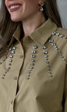 Khaki Rhinestone Detail Button Blouse