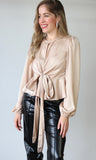 Taupe Skin Back Tie Detailed Silky Top