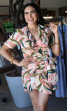 Short Slv V-neck Wrap Print Mini Dress