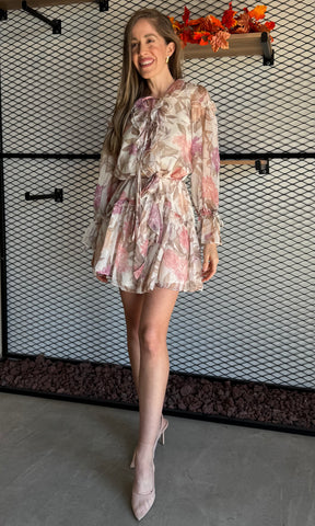 Floral Print Frill Chiffon Wrap Mini Dress