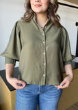 Olive Ruffle Neck Puff Sleeve Blouse
