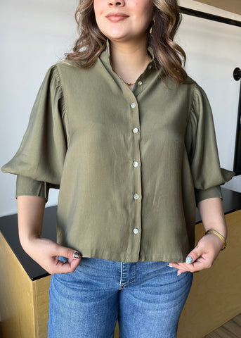 Olive Ruffle Neck Puff Sleeve Blouse