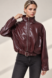 Faux-leather Belted Bomber Jacket