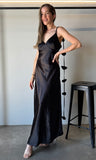Satin Flower Draped Back Maxi Dress