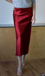 Burgundy Elastic Band Midi Satin Skirt