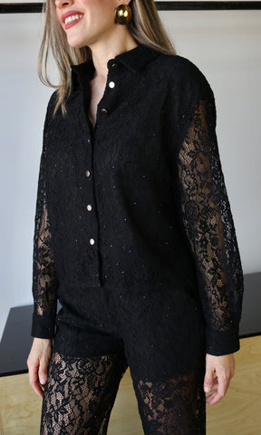 Long Sleeve Sheer Lace Button-up Top