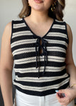 Stripe Front Tie Sleeveless Crochet Knit Pullover