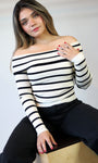 Off Shoulder White Stripe Light Sweater