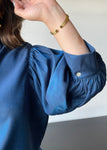 Navy Ruffle Neck Puff Sleeve Blouse