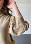 Taupe Ruffle Neck Puff Sleeve Blouse