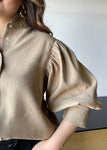 Taupe Ruffle Neck Puff Sleeve Blouse