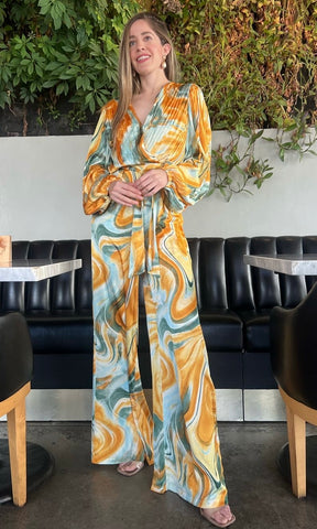 Long Sleeve Front Pleated Jumpsuit