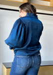 Navy Ruffle Neck Puff Sleeve Blouse