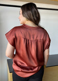Brick Round Neck V-neck Drop Satin Blouse