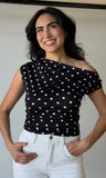 Black Off Shoulder Dot Print Knit Top