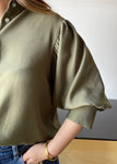 Olive Ruffle Neck Puff Sleeve Blouse