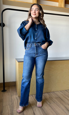Navy Ruffle Neck Puff Sleeve Blouse