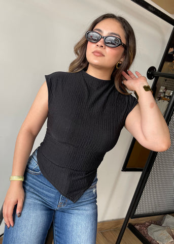 Asymmetrical Hem Mock Neck Sleeveless