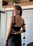 Satin Flower Draped Back Maxi Dress