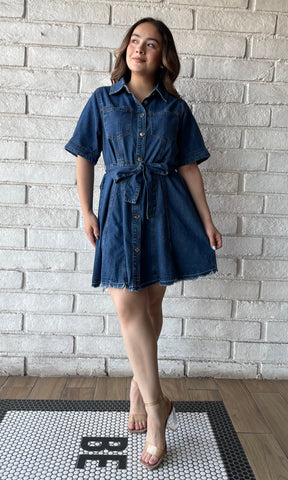 Button Down Belted Shirt Denim Dress