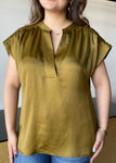 Olive Round Neck V-neck Drop Satin Blouse