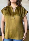 Olive Round Neck V-neck Drop Satin Blouse