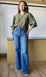 Olive Ruffle Neck Puff Sleeve Blouse