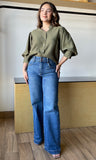 Olive Ruffle Neck Puff Sleeve Blouse