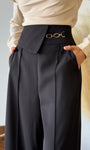 Chain Accent Waist Flap Wide-leg Pants