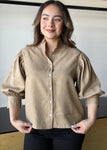 Taupe Ruffle Neck Puff Sleeve Blouse