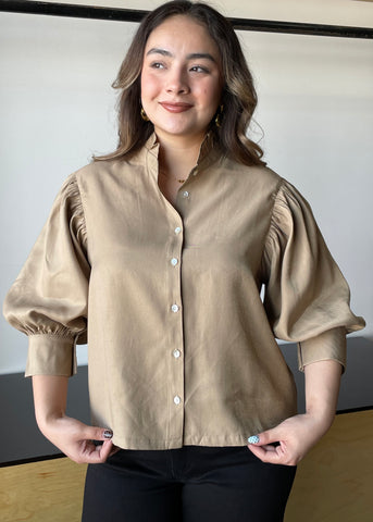 Taupe Ruffle Neck Puff Sleeve Blouse