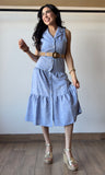 Belted Button Front Tiered Midi Dress