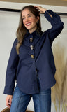 Navy Silver Button Blouse