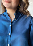 Navy Ruffle Neck Puff Sleeve Blouse
