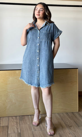 Frayed Hem Denim Shirt Dress