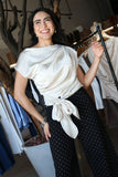 Boat Neck Waist Tie Blouse
