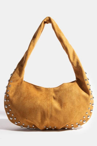 Camel Suede Studded Hobo Bag