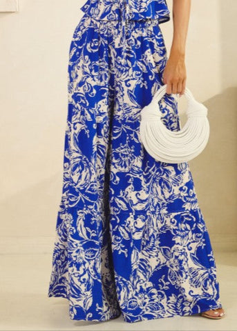 Printed Shrring Wide Leg Pants