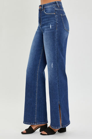 High Rise Side Slit Wide Straight Jeans